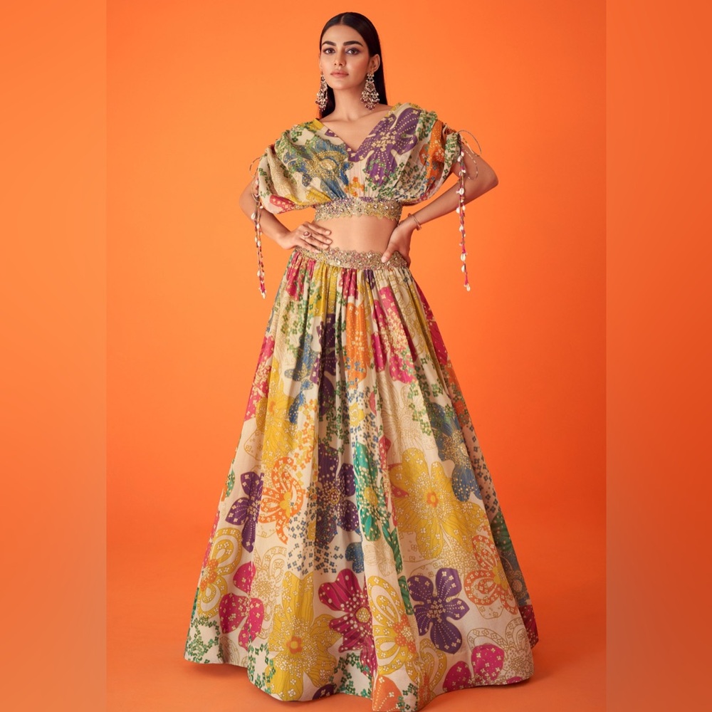 Multicolour lehenga with floral print and crystal embellished waistband